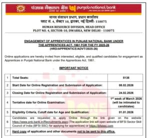 PNB Apprentice 2026 online application start and last date notice