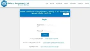 Online application login window for RRC WR Apprentice Recruitment 2025-26 on the official Railway Recruitment Cell Western Railway website