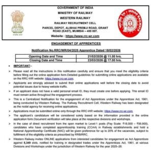 RRC WR Apprentice Recruitment 2026 official notification highlights from Western Railway including recruitment of 5349 apprentices, notification number RRC/WR/04/2025 dated 18/02/2026, with application starting on 21 February 2026 and ending on 23 March 2026