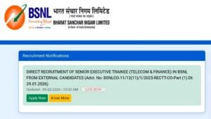 BSNL Senior Executive Trainee (Telecom & Finance) Direct Recruitment 2026 Online Application Portal