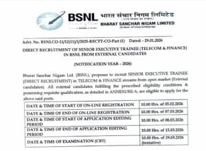 BSNL senior executive recruitment 2026 Notification: Important Dates and Exam Schedule