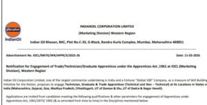 Official notification of Indian Oil Corporation Limited (IOCL) for recruitment of Trade, Technician, and Graduate Apprentices in Western Region for 2026