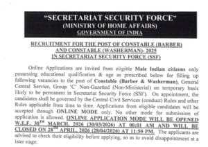 SSF Constable Barber and Washerman Recruitment 2026 Official Notification: Online Application Dates